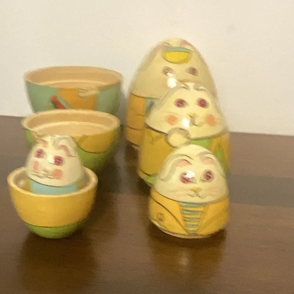 Vintage Easter Bunny Wooden Nesting Eggs 4 Pc Set Russian Matryoshka Doll Style